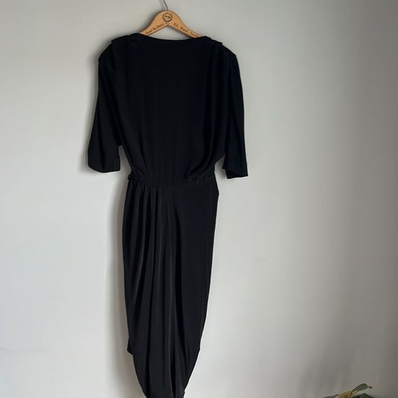 Cos Women's Black 3/4 Sleeve V Neck Midi Full Wrap 100% Silk Dress Size 8 - Picture 2 of 10